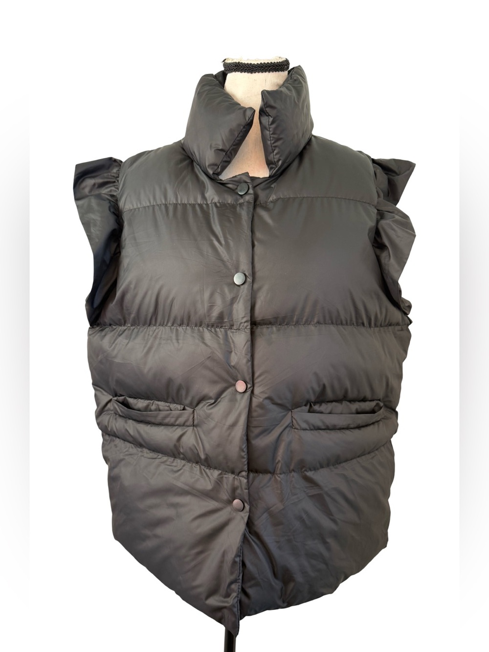 Black Puffer Vest Ruffle Shoulder Hooded Quilted Sleeveless Jacket